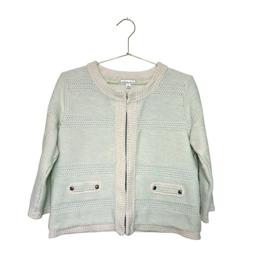 Cabi Mint Green Cotton Society Cardigan Sweater Textured Stripe Women L